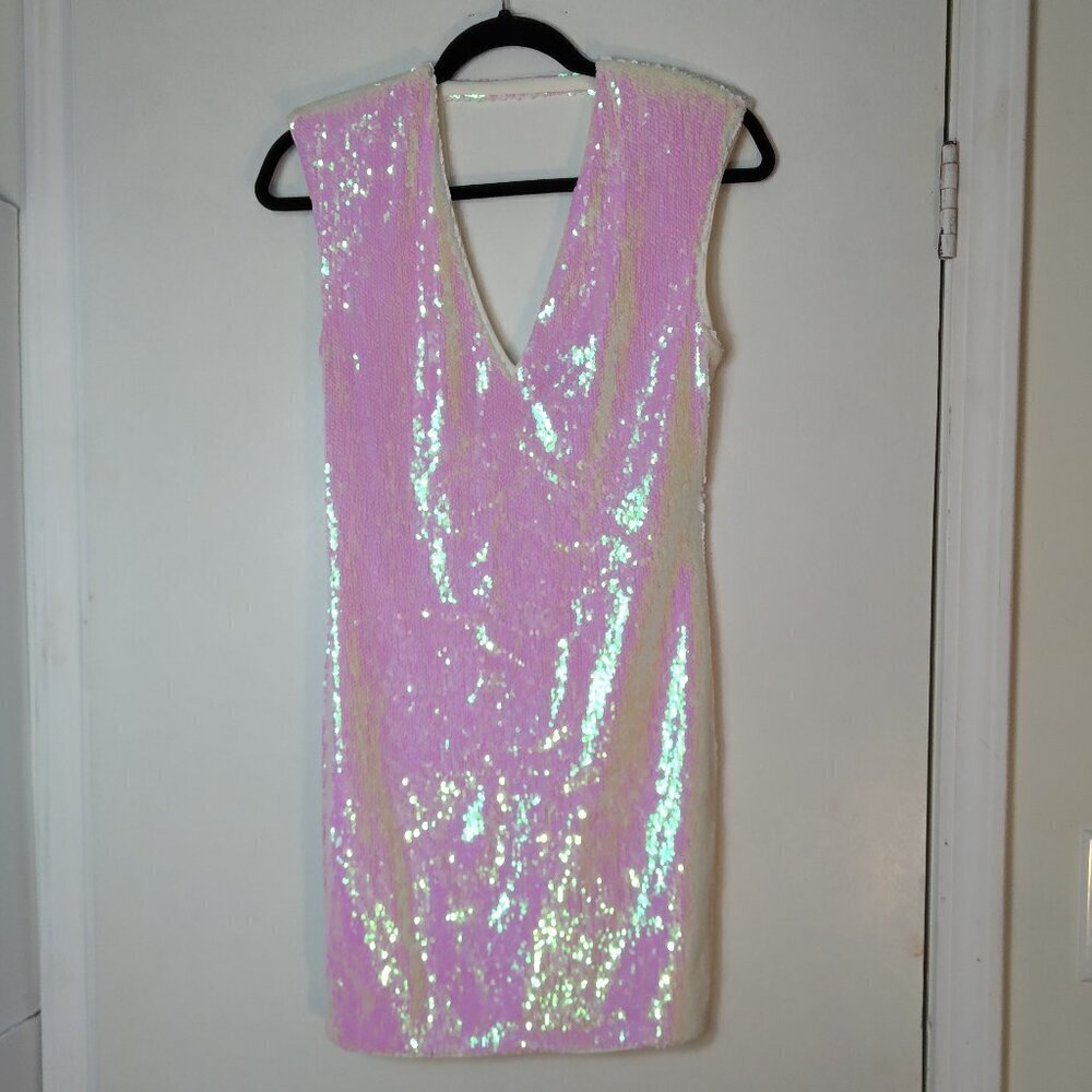 Sequins of White Sparkles of Seafoam on a Wash of Dayglow Pink Sheath Dress SzS